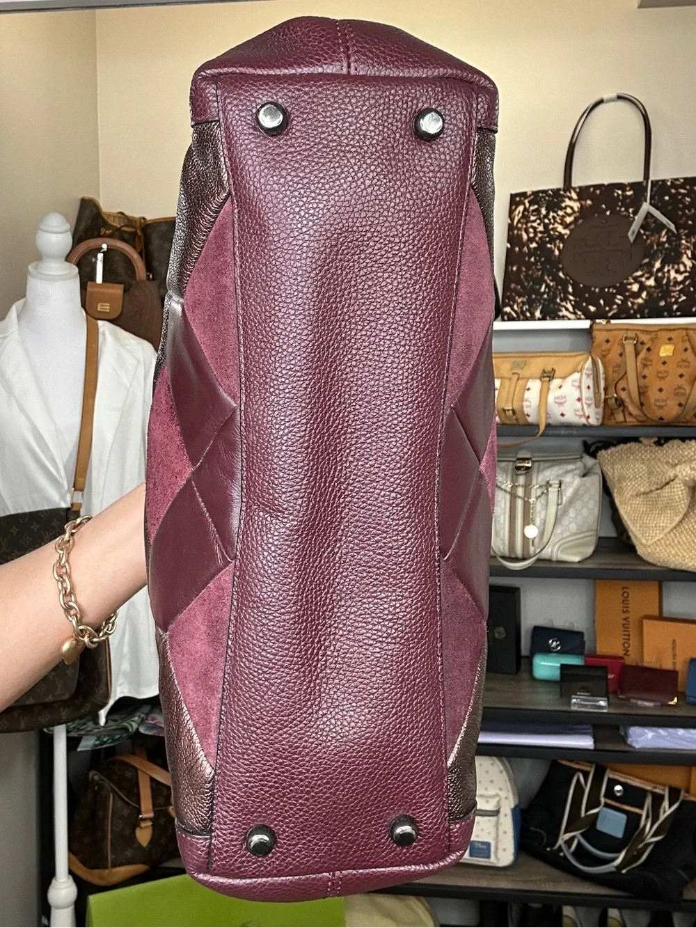 Coach Patchwork Suede & Leather Hobo Shoulder Bag 2016 Burgundy Metallic - Picture 6 of 13